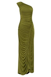 Capri Gathered Slinky Maxi Dress - Vintage Olive